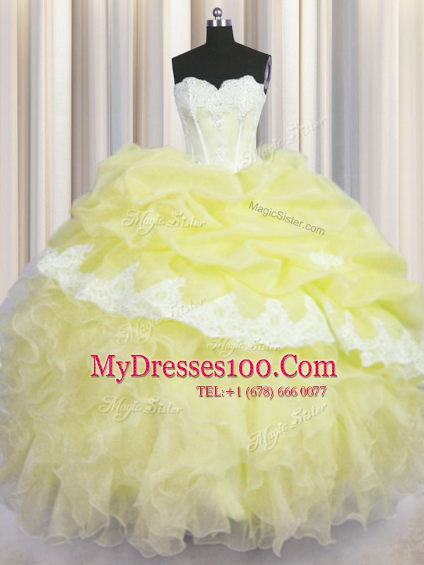 Glorious Pick Ups Sweetheart Sleeveless Lace Up Quinceanera Gowns Light Yellow Organza