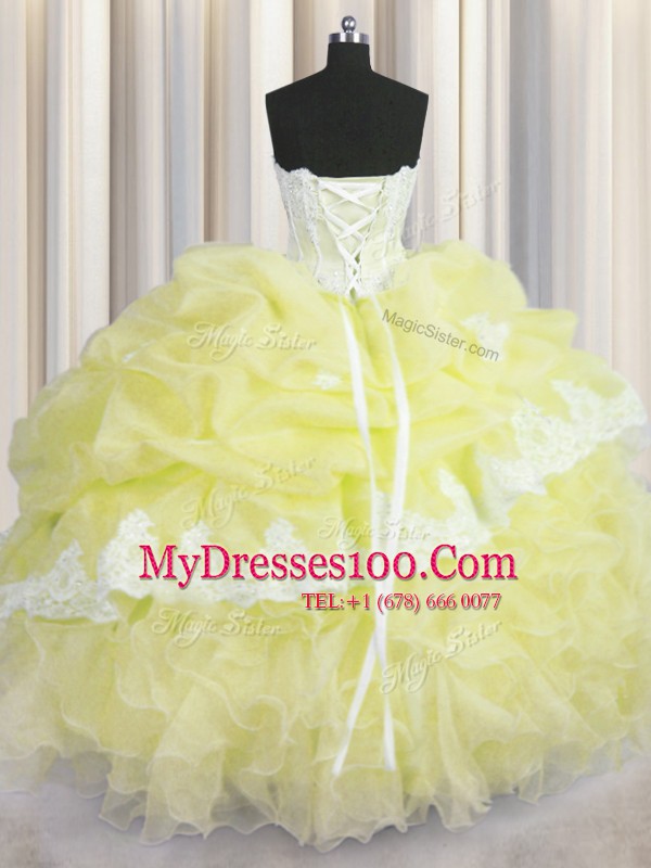Glorious Pick Ups Sweetheart Sleeveless Lace Up Quinceanera Gowns Light Yellow Organza