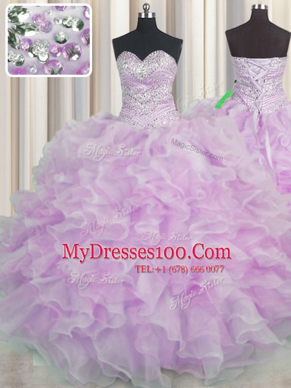 Gorgeous Beading and Ruffles Quinceanera Dresses Lilac Lace Up Sleeveless Floor Length