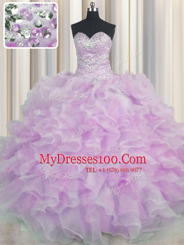 Gorgeous Beading and Ruffles Quinceanera Dresses Lilac Lace Up Sleeveless Floor Length