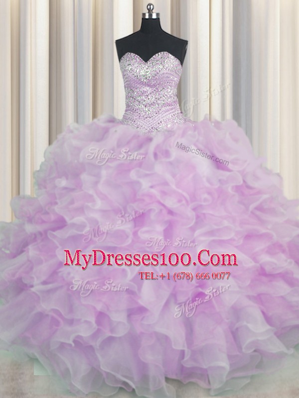 Gorgeous Beading and Ruffles Quinceanera Dresses Lilac Lace Up Sleeveless Floor Length