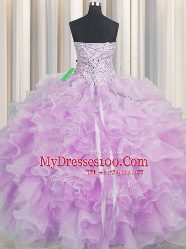 Gorgeous Beading and Ruffles Quinceanera Dresses Lilac Lace Up Sleeveless Floor Length