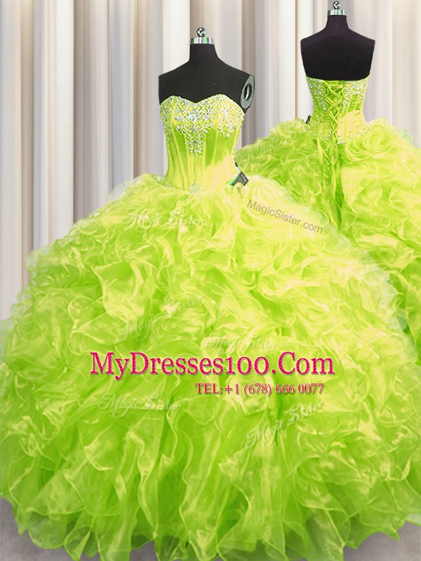 Enchanting Organza Long Sleeves Quinceanera Gowns Brush Train and Beading and Ruffles