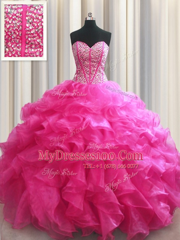 Graceful Visible Boning Floor Length Lace Up 15 Quinceanera Dress Hot Pink for Military Ball and Quinceanera with Beading and Ruffles