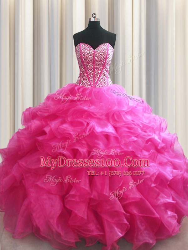 Graceful Visible Boning Floor Length Lace Up 15 Quinceanera Dress Hot Pink for Military Ball and Quinceanera with Beading and Ruffles