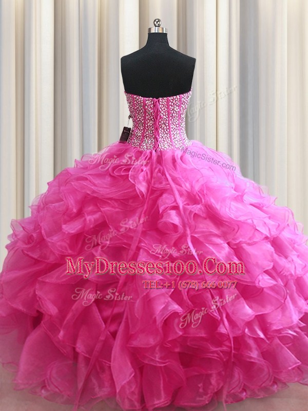 Graceful Visible Boning Floor Length Lace Up 15 Quinceanera Dress Hot Pink for Military Ball and Quinceanera with Beading and Ruffles