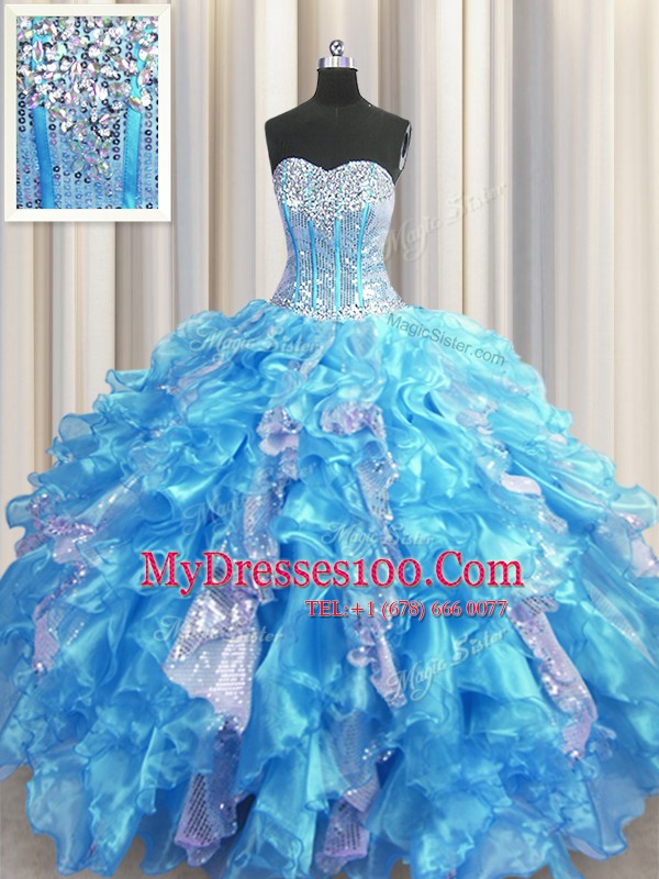 Inexpensive Visible Boning Sleeveless Organza and Sequined Floor Length Lace Up Ball Gown Prom Dress in Baby Blue with Beading and Ruffles and Sequins