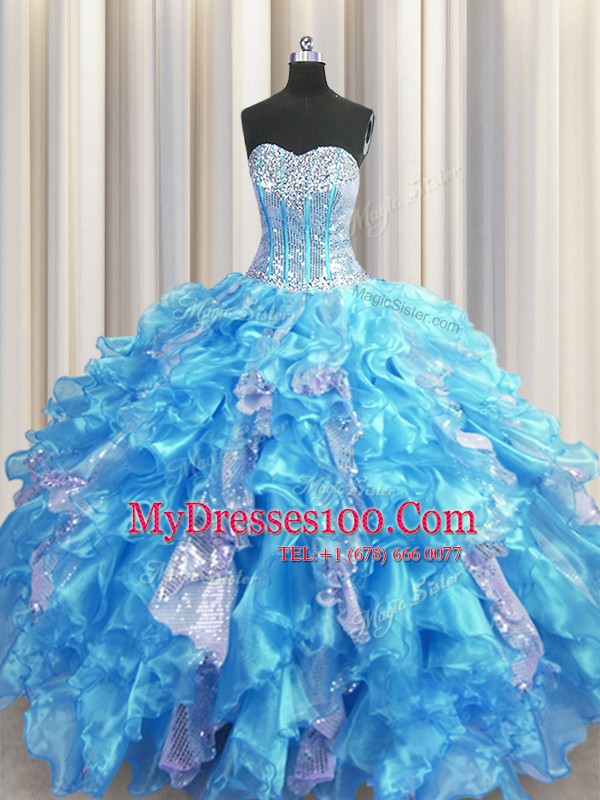 Inexpensive Visible Boning Sleeveless Organza and Sequined Floor Length Lace Up Ball Gown Prom Dress in Baby Blue with Beading and Ruffles and Sequins