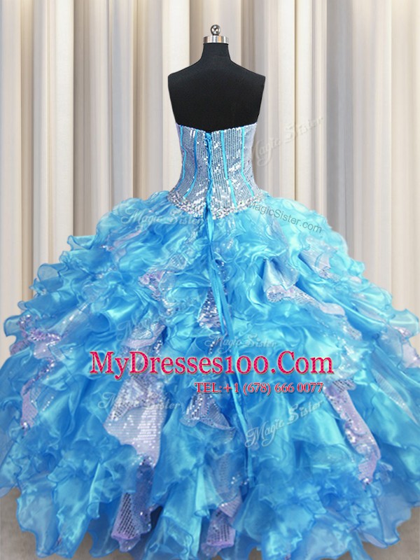 Inexpensive Visible Boning Sleeveless Organza and Sequined Floor Length Lace Up Ball Gown Prom Dress in Baby Blue with Beading and Ruffles and Sequins