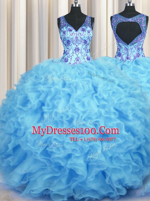 V Neck Organza Sleeveless Floor Length Quinceanera Dresses and Beading and Appliques and Ruffles