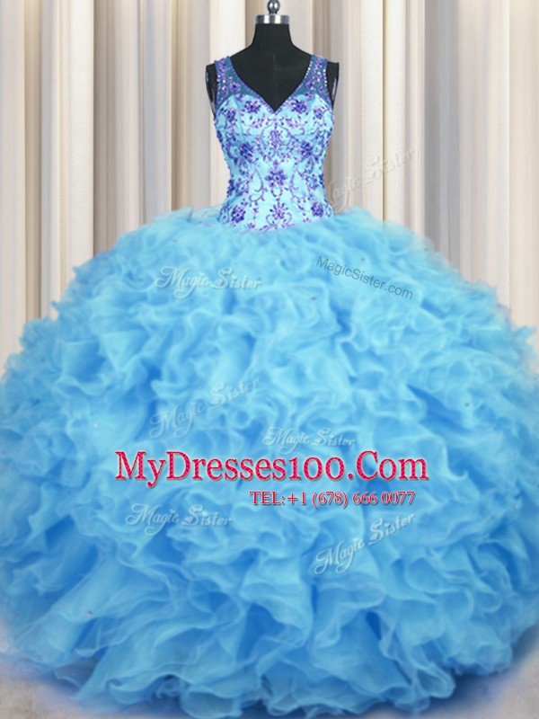 V Neck Organza Sleeveless Floor Length Quinceanera Dresses and Beading and Appliques and Ruffles