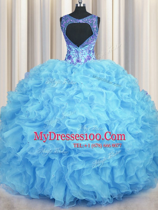 V Neck Organza Sleeveless Floor Length Quinceanera Dresses and Beading and Appliques and Ruffles