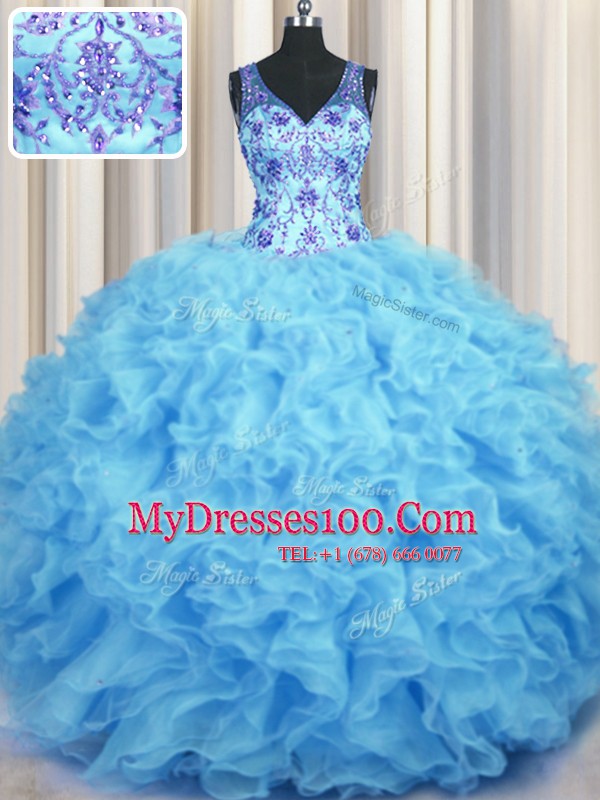 V Neck Organza Sleeveless Floor Length Quinceanera Dresses and Beading and Appliques and Ruffles