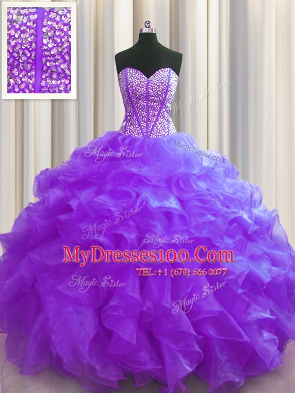 Visible Boning Beading and Ruffles Quinceanera Dresses Purple Lace Up Sleeveless Floor Length