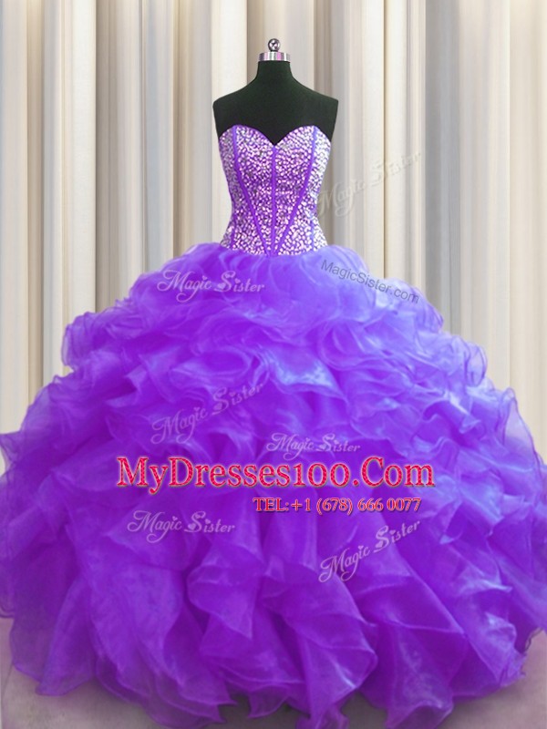 Visible Boning Beading and Ruffles Quinceanera Dresses Purple Lace Up Sleeveless Floor Length