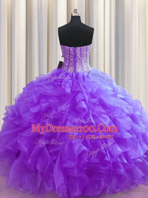 Visible Boning Beading and Ruffles Quinceanera Dresses Purple Lace Up Sleeveless Floor Length