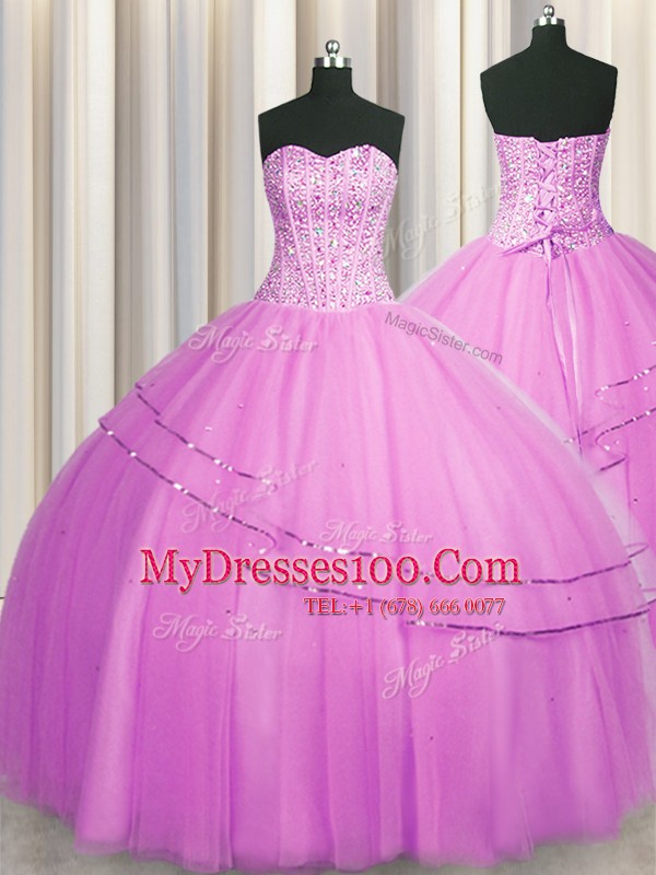 Modern Visible Boning Really Puffy Lilac Sleeveless Floor Length Beading Lace Up 15th Birthday Dress