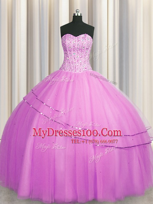 Modern Visible Boning Really Puffy Lilac Sleeveless Floor Length Beading Lace Up 15th Birthday Dress