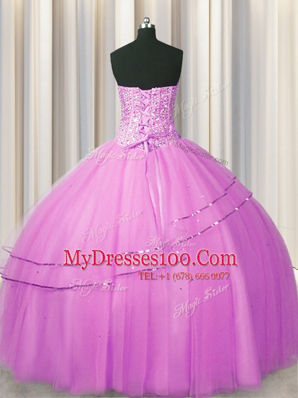Modern Visible Boning Really Puffy Lilac Sleeveless Floor Length Beading Lace Up 15th Birthday Dress