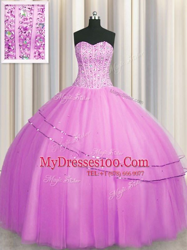 Modern Visible Boning Really Puffy Lilac Sleeveless Floor Length Beading Lace Up 15th Birthday Dress