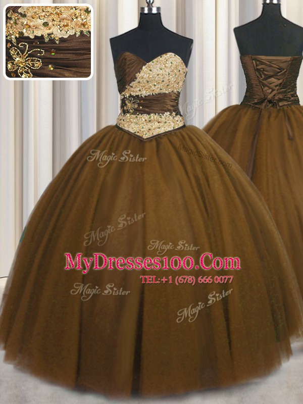 Extravagant Brown Sleeveless Beading and Appliques and Ruching and Belt Floor Length Quinceanera Dress
