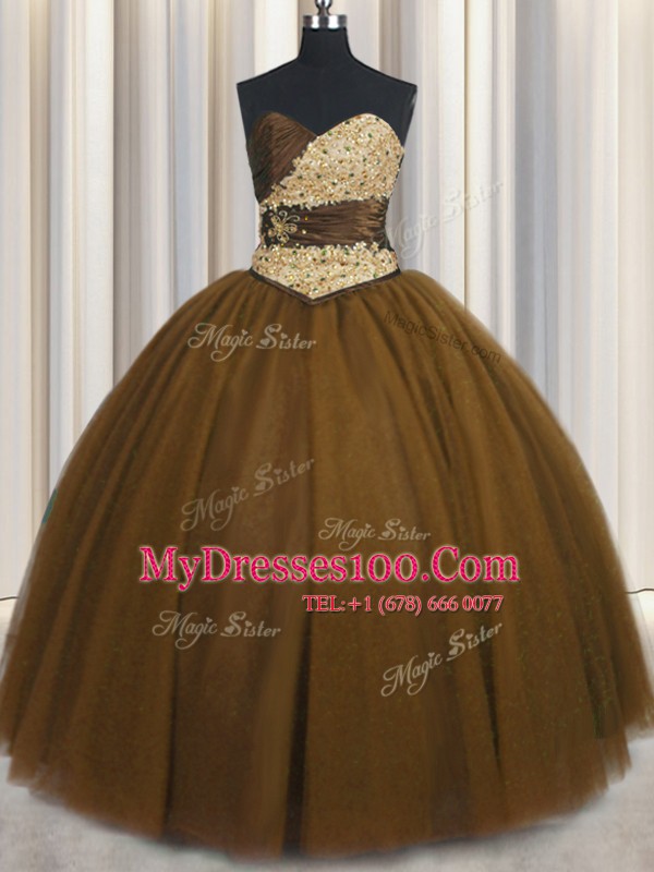 Extravagant Brown Sleeveless Beading and Appliques and Ruching and Belt Floor Length Quinceanera Dress