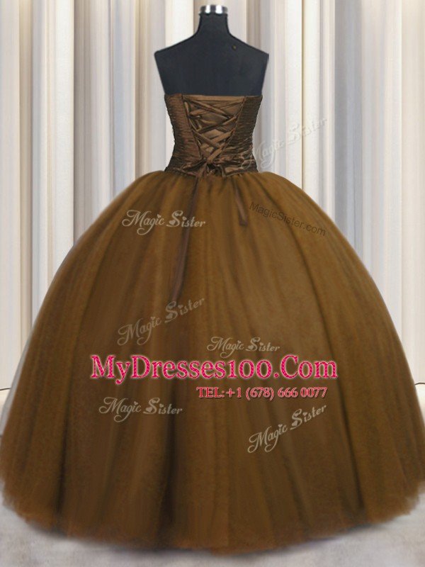 Extravagant Brown Sleeveless Beading and Appliques and Ruching and Belt Floor Length Quinceanera Dress