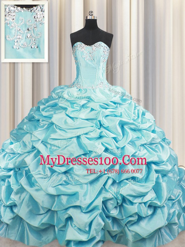 Shining Brush Train Aqua Blue Quinceanera Gown Taffeta Sweep Train Sleeveless Beading and Pick Ups