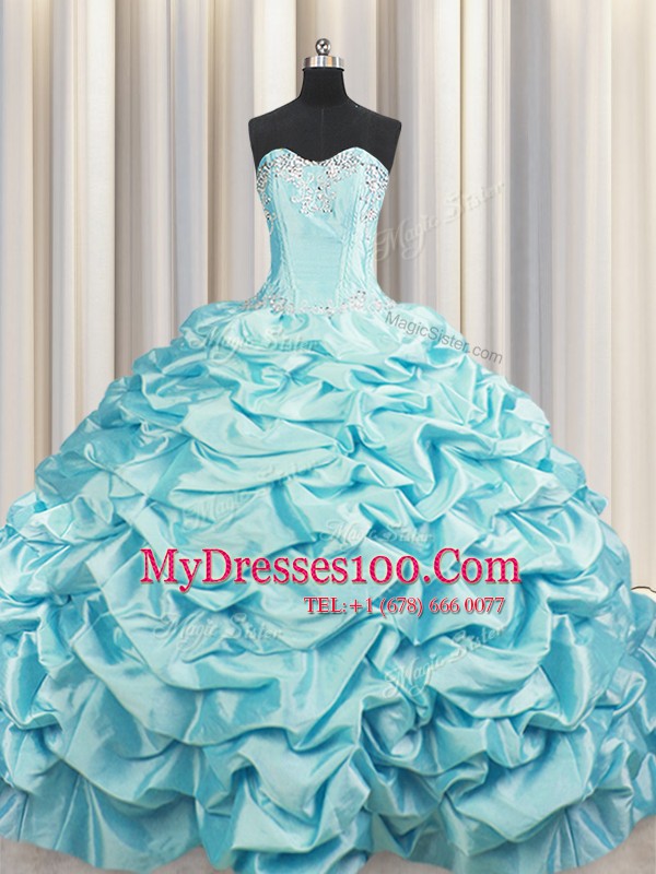 Shining Brush Train Aqua Blue Quinceanera Gown Taffeta Sweep Train Sleeveless Beading and Pick Ups