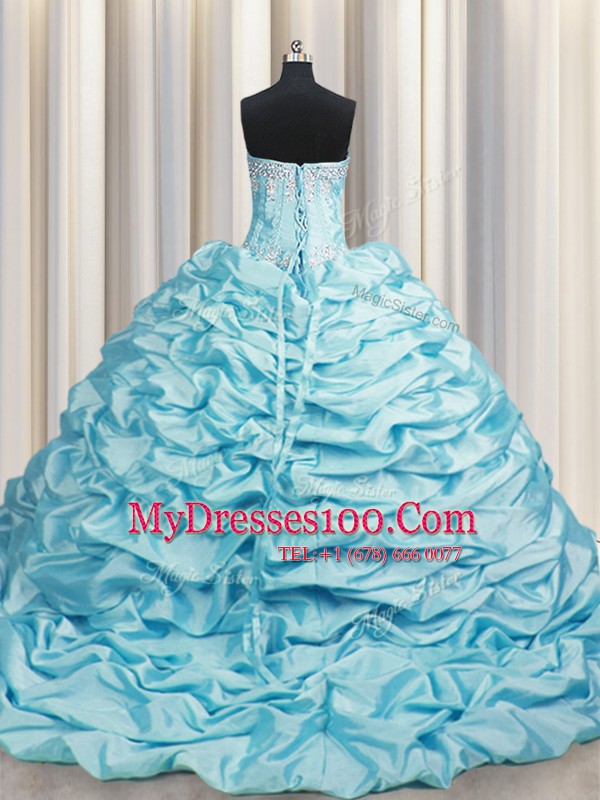 Shining Brush Train Aqua Blue Quinceanera Gown Taffeta Sweep Train Sleeveless Beading and Pick Ups