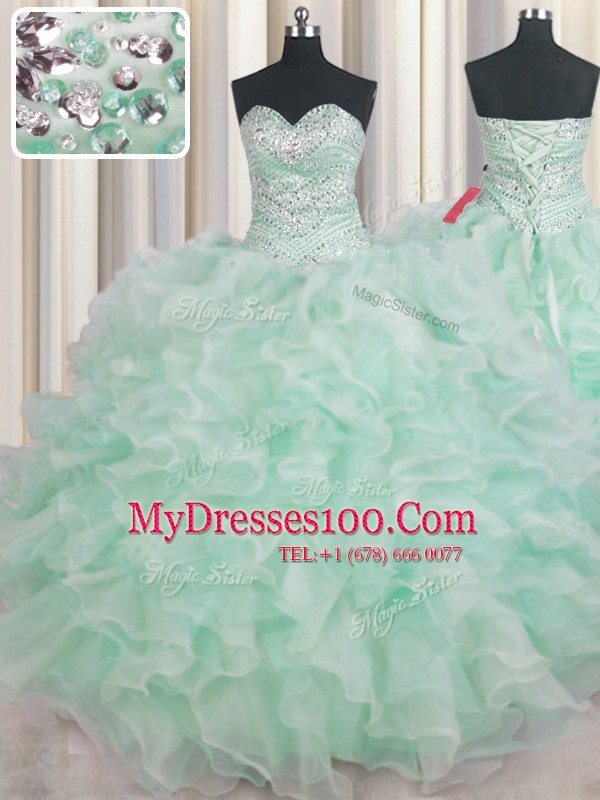 Sleeveless Organza Floor Length Lace Up Quinceanera Gown in Apple Green with Beading and Ruffles