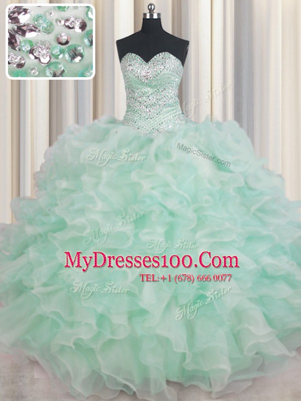 Sleeveless Organza Floor Length Lace Up Quinceanera Gown in Apple Green with Beading and Ruffles