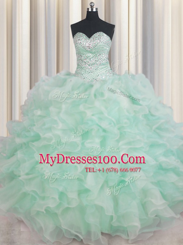 Sleeveless Organza Floor Length Lace Up Quinceanera Gown in Apple Green with Beading and Ruffles