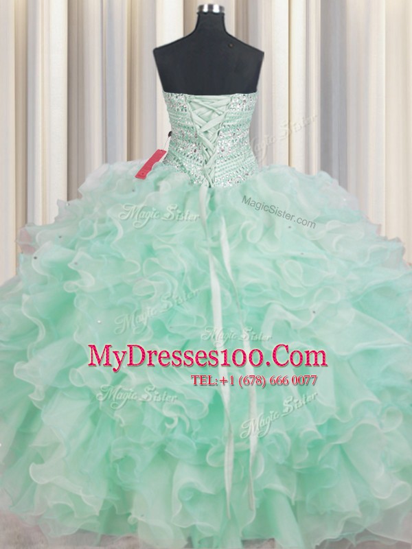 Sleeveless Organza Floor Length Lace Up Quinceanera Gown in Apple Green with Beading and Ruffles