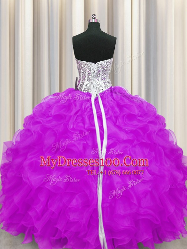 Purple Sleeveless Beading and Ruffles Floor Length Quinceanera Dresses