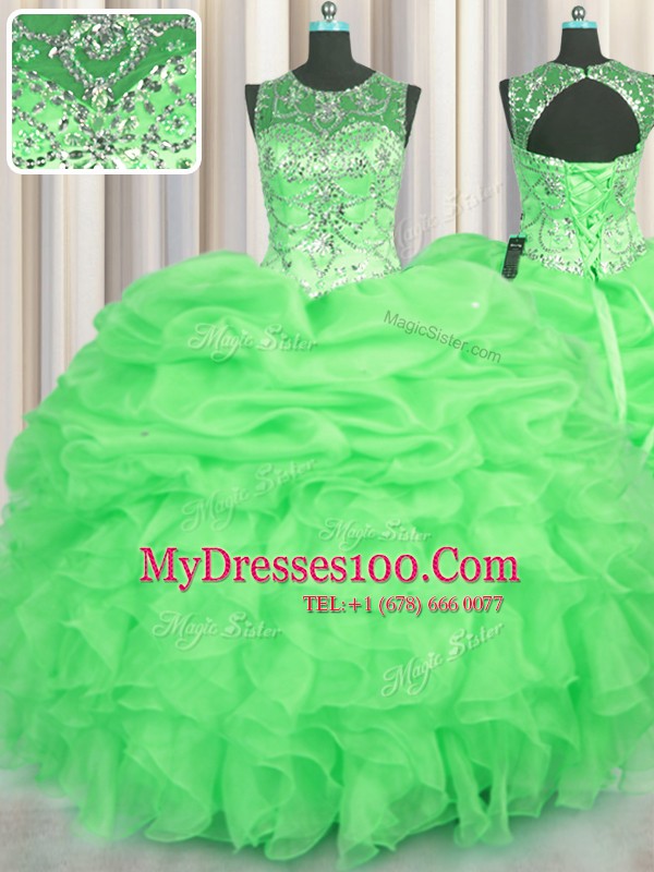 Perfect See Through Floor Length Quinceanera Gowns Organza Sleeveless Beading and Ruffles and Pick Ups
