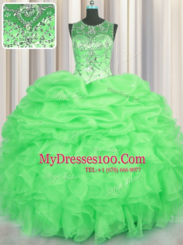 Perfect See Through Floor Length Quinceanera Gowns Organza Sleeveless Beading and Ruffles and Pick Ups