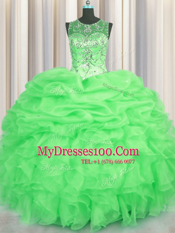 Perfect See Through Floor Length Quinceanera Gowns Organza Sleeveless Beading and Ruffles and Pick Ups