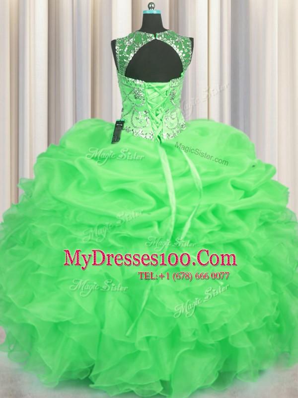 Perfect See Through Floor Length Quinceanera Gowns Organza Sleeveless Beading and Ruffles and Pick Ups