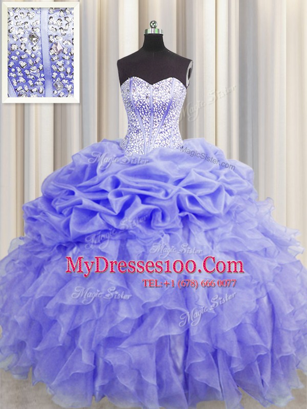 Adorable Visible Boning Lavender Organza Lace Up Sweet 16 Quinceanera Dress Sleeveless Floor Length Beading and Ruffles and Pick Ups