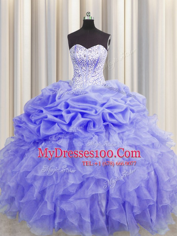 Adorable Visible Boning Lavender Organza Lace Up Sweet 16 Quinceanera Dress Sleeveless Floor Length Beading and Ruffles and Pick Ups