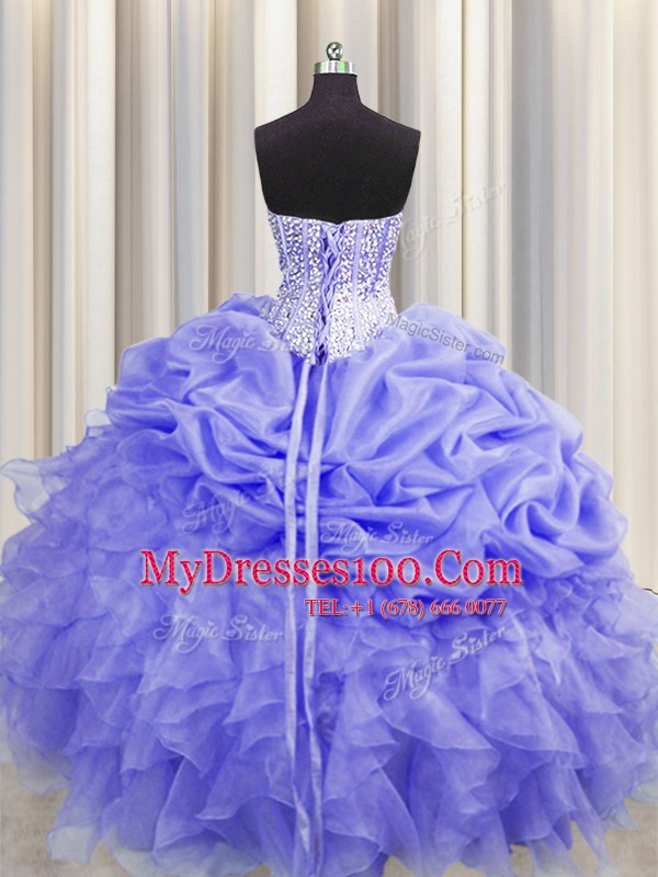 Adorable Visible Boning Lavender Organza Lace Up Sweet 16 Quinceanera Dress Sleeveless Floor Length Beading and Ruffles and Pick Ups