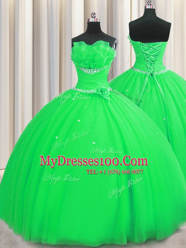 Vintage Handcrafted Flower Sleeveless Floor Length Beading and Sequins and Hand Made Flower Lace Up Ball Gown Prom Dress with Green