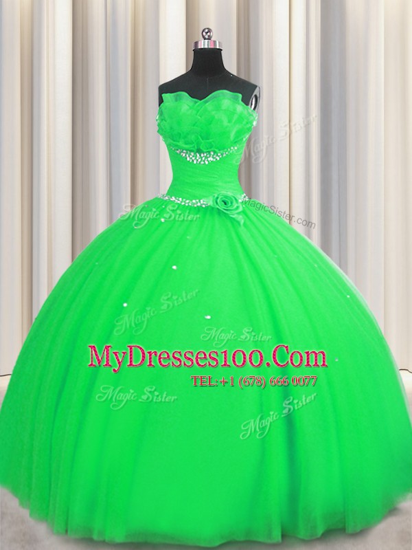 Vintage Handcrafted Flower Sleeveless Floor Length Beading and Sequins and Hand Made Flower Lace Up Ball Gown Prom Dress with Green
