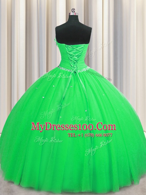 Vintage Handcrafted Flower Sleeveless Floor Length Beading and Sequins and Hand Made Flower Lace Up Ball Gown Prom Dress with Green