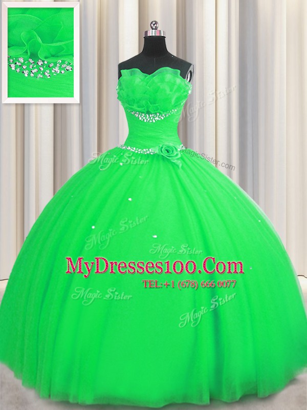 Vintage Handcrafted Flower Sleeveless Floor Length Beading and Sequins and Hand Made Flower Lace Up Ball Gown Prom Dress with Green
