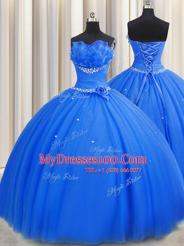 Handcrafted Flower Blue Tulle Lace Up Quinceanera Gown Sleeveless Floor Length Beading and Sequins and Hand Made Flower