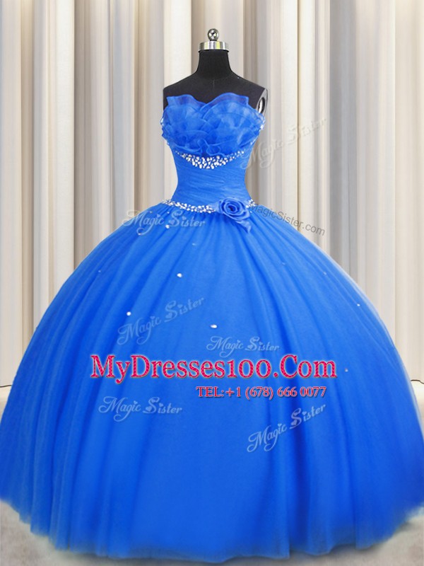 Handcrafted Flower Blue Tulle Lace Up Quinceanera Gown Sleeveless Floor Length Beading and Sequins and Hand Made Flower