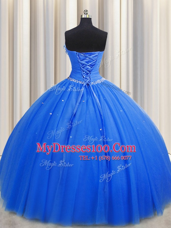 Handcrafted Flower Blue Tulle Lace Up Quinceanera Gown Sleeveless Floor Length Beading and Sequins and Hand Made Flower