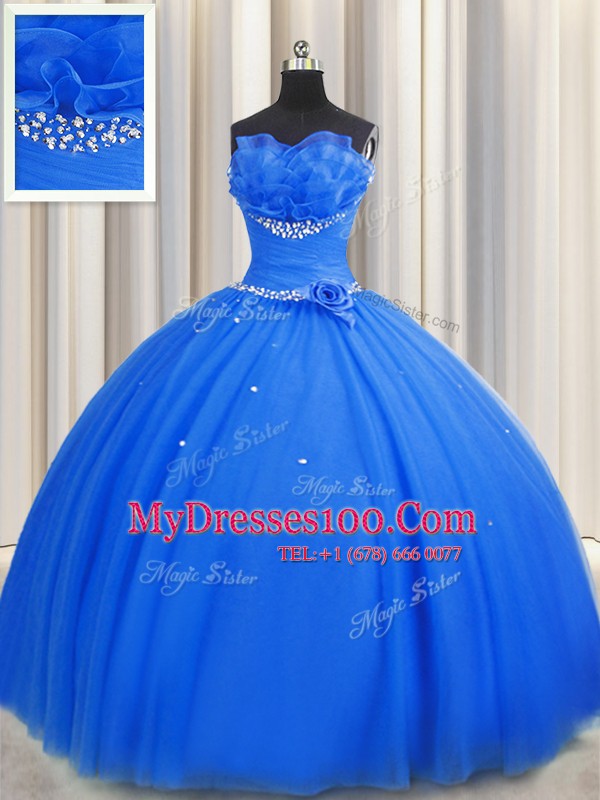 Handcrafted Flower Blue Tulle Lace Up Quinceanera Gown Sleeveless Floor Length Beading and Sequins and Hand Made Flower